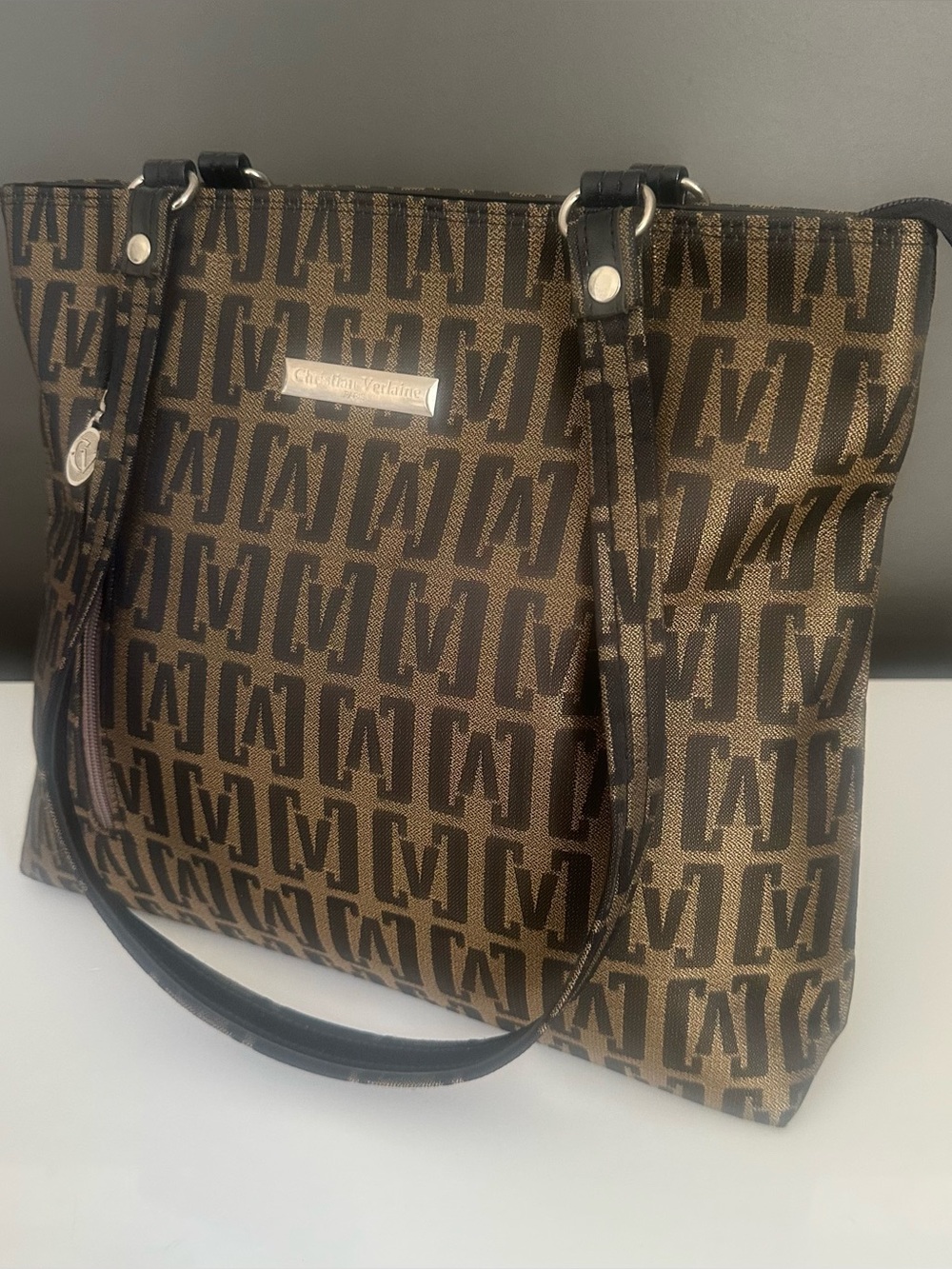 Christian Verlaine Paris Designer Tote Bag Purse Vintage Logo Brown Black Canvas